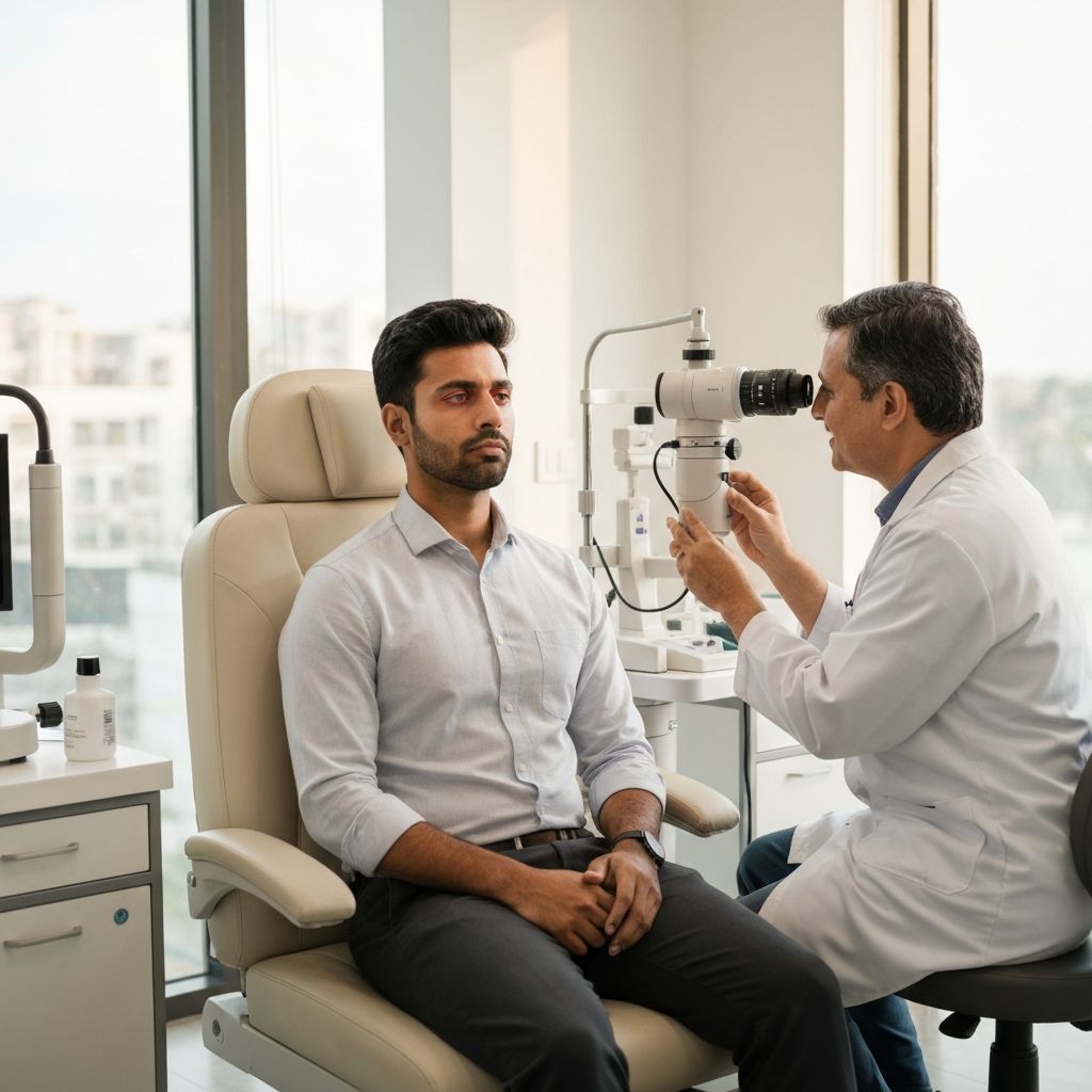 Indian professional experiencing dry eye symptoms being examined at Dream Eye Clinic