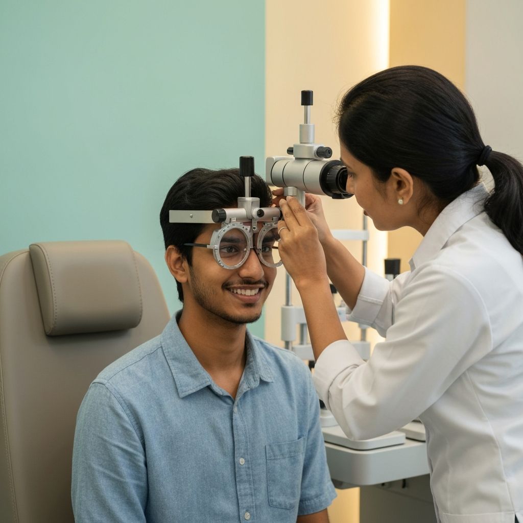 Young Indian adult getting vision tested for refractive error correction at Dream Eye Clinic, Hinjewadi
